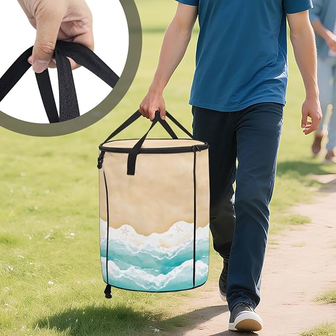 Collapsible Trash Can with Lid and Handle, Sandy Beach Print 24 Gallon Large Capacity Camping Trash Can Outdoor Picnics Stand-up Waster Bag Garden Leaf Bin