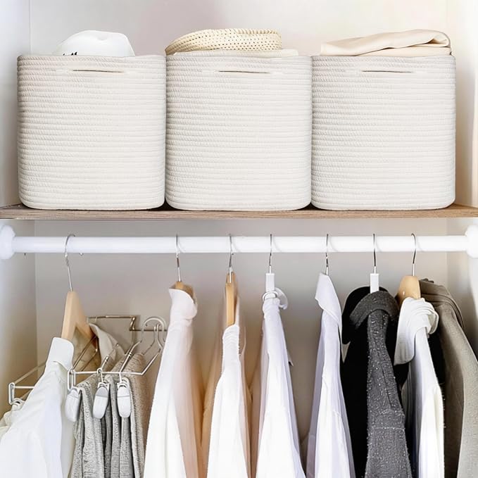 11x11x11 Cube Storage Bin - 3 Pack Woven Storage Cubes Organizer, 11 Inch White Cotton Rope Baskets for Organizing, Square Baskets for Shelves, Nursery Closet Bins, Cubby Toy Box Organizer