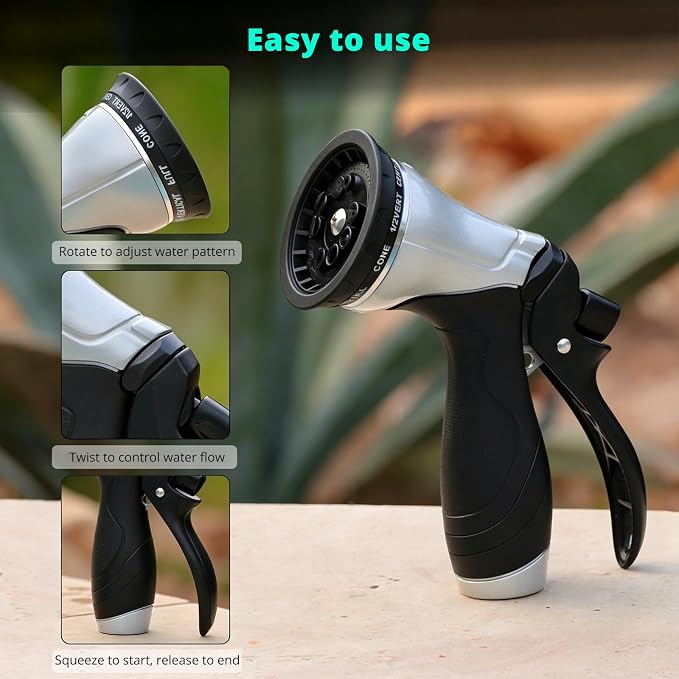QUOBAS Metal Garden Hose Nozzle, Heavy Duty Water Hose Sprayer, Leak Proof | 10 Pattern Water Nozzle with Rubber Gasket, Garden Sprayer for Watering Plants, Washing Cars, Pet Shower, Black