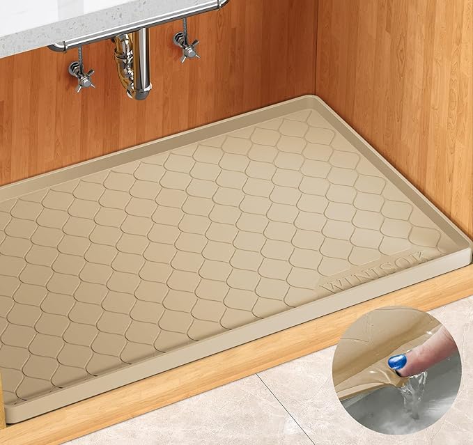 Winisok Waterproof Under Sink Mat 37" x 22", Silicone Mat, Beige | Raised Edge Traps Spills & Leaks, Shelf Liner, Cabinet Protector, for Kitchen, Bathroom, Boots, Pets, Home Essentials