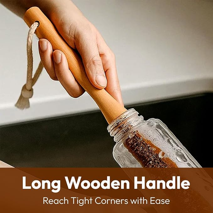 Eco-Friendly Kitchen Cleaning Brush (Twin Pack) - Wood Dish Brush with Coconut Fiber Bristles & Wooden Handle. Kitchen Brush for Bottles, Jars, Mugs, Glassware, and Cup Brush Cleaner