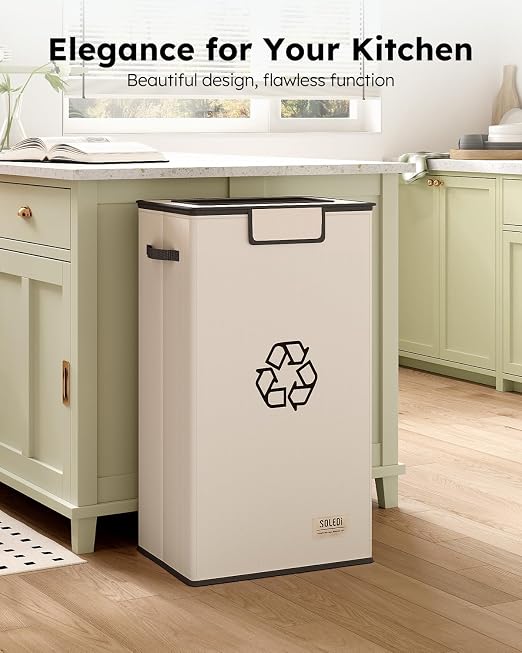 SOLEDI Recycling Bin for Kitchen,26 Gallon Large Recycle Bin with Lid and 2 Removeable Reusable Inner Bags,Indoor Recycling Trash Can for Collector of Bottles Cans, and Plastic,Beige
