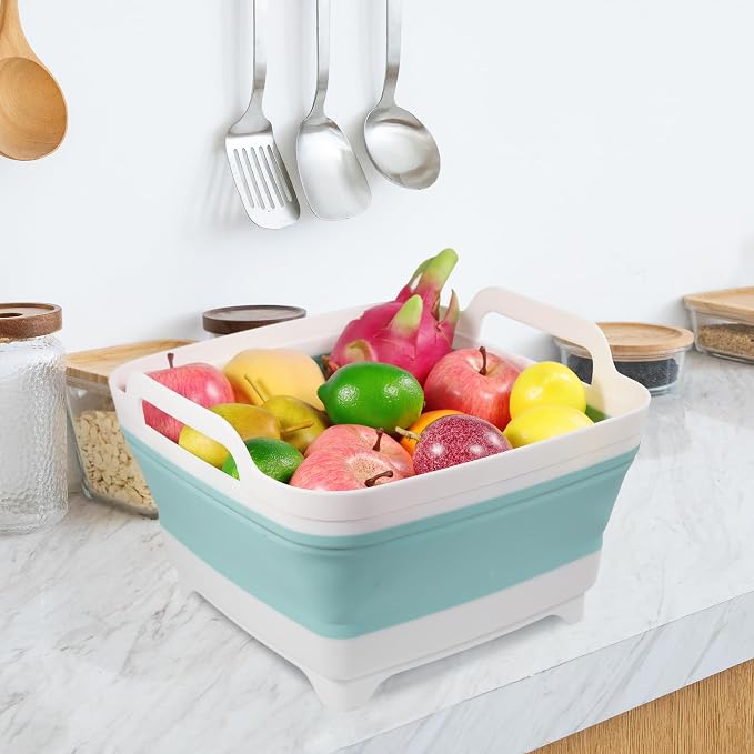 Dishpan for Washing Dishes, 2.4Gal/9L Wash Basin with Draining Plug Carry Handles, Collapsible Bucket for Cleaning, Portable Sink, Foldable Plastic Tub