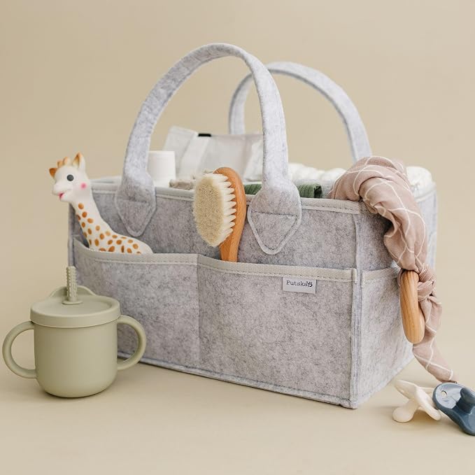 PUTSKA Baby Diaper Caddy Organizer, Felt Nursery Basket, Gray, Extra Large