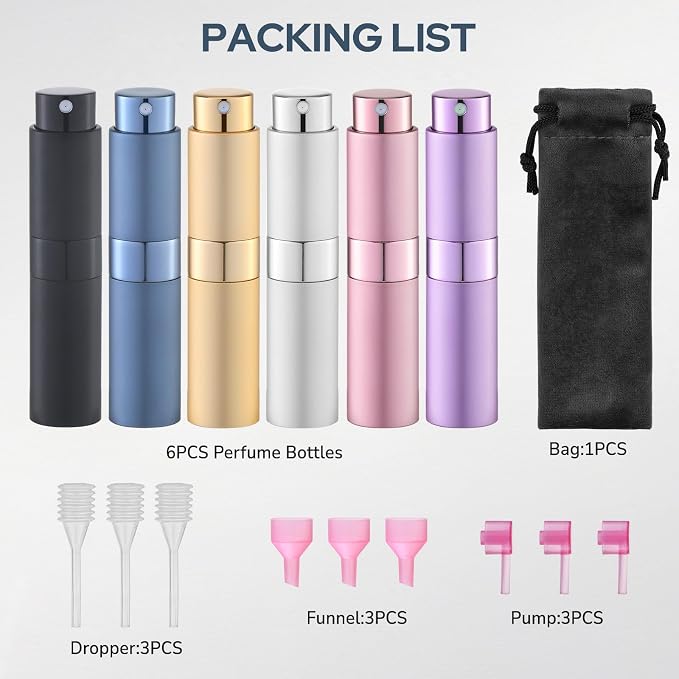 Lulupack Travel Perfume Bottle Refillable, 8ml Cologne Spray Atomizer, 6PCS | Small fragrance refill sprayer, empty decant container, twist up, leak-proof, portable, mini size, for men & women, TSA