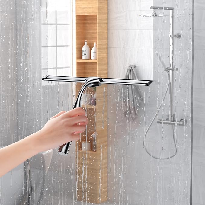 Shower Squeegee for Glass Door Stainless Steel Bathroom Squeegee Window Wiper, Includes Shower Door Hook, Adhesive Hook, and Spare Silicone Blade for Window Mirror Car 12-Inch
