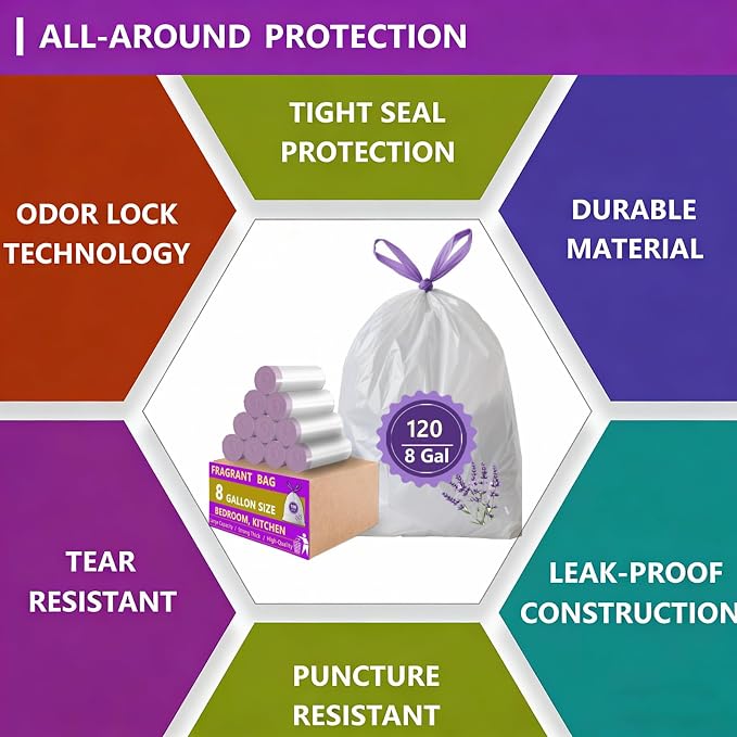 8 Gallon Trash Bags Drawstring, 120 Count Lavender Scented Leak Proof Medium Garbage Bags, 8 Gal Bin Bags Odor Control & Tear Resistant Can Liners for Kitchen Bathroom Bedroom Office