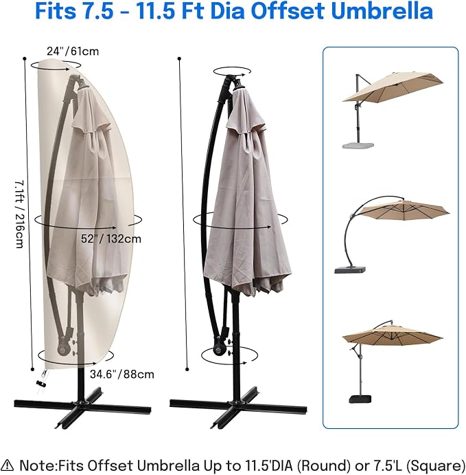 OKPOW Cantilever Patio Umbrella Cover: Fits 7.5-11.5 FT Outdoor Umbrellas | Easy Install with Rod & Long Zipper, Waterproof 420D Oxford Cover, Protects Offset Umbrella from Sun, Rain, Snow & Dust