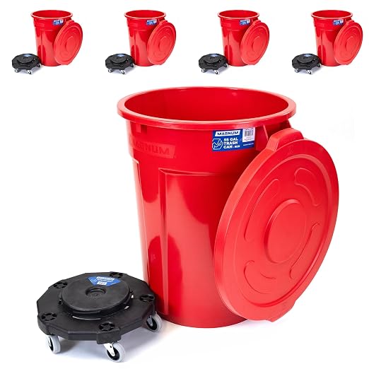 Magnum Red 55 Gallon Trash Can Set (Trash Can, Quiet Dolly, and Reinforced Lid), Construction Grade, Jobsite Ready, Non-Marking Wheels & Casters for Rolling Garbage CMTC-CLD0-55R05 (5 Set)