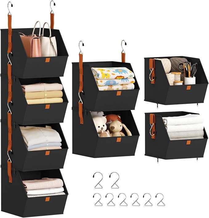 Hanging Closet Organizer 4 Tier - Clothes Hanging Shelves, Space-Saving Closet System, Fabric Storage Bins Bedroom Organization, Collapsible Baskets for Home, Dorm, Rv, Black