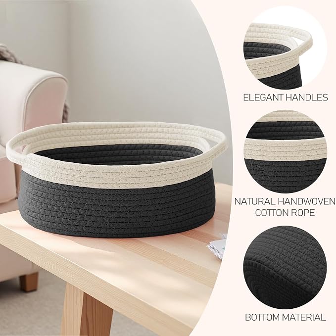 JMvicyroam Small Woven Basket, Empty Gift Basket, White&Black/1 Pack | Small Gift Basket, Cotton Rope, 12 x 8 x 60 in, Handles, Includes Ribbon and Bag, Birthday Gift Basket
