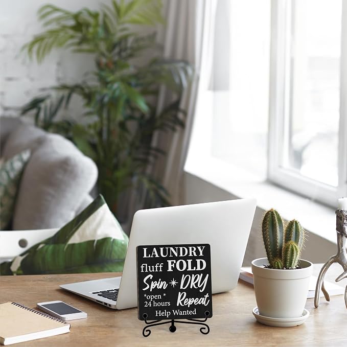 Laundry Room Sign, Washing Room Desk Decor, Laundry Fluff Fold Spin Dry Sign, Farmhouse Shelf Decor, 01