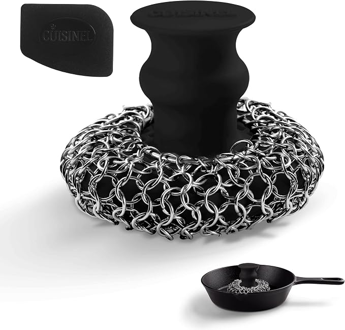 Cuisinel Cast Iron Chainmail Scrubber + Pan Scraper - Deluxe Ergonomic Stainless and Silicone Cleaner for Pots and Skillets - Food-Safe Design - Easy to Clean Dishwasher Safe Cookware Sponge Accessory