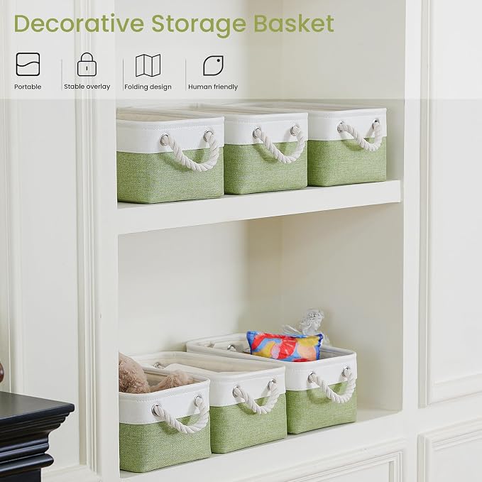 11.8x7.9x5.2 Inch Fabric Small Storage Bins with Handles 1 Pack | Foldable Storage Basket, Sturdy Metal Strand, Cardboard Support Molding, Small Baskets for Organizing, Shelves, White/Green