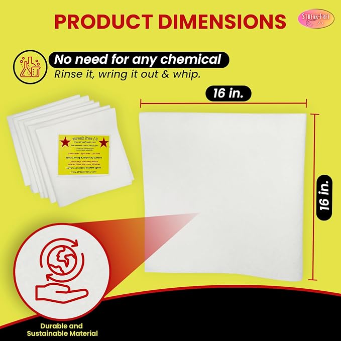 Streak Free/3 Microfiber Glass Cleaning Cloth, 6 Pack, Lint Free & Reusable | 16" x 16" Lint-Free Window & Mirror Cleaning Towels, Streak-Free Reusable Cloths for Glass, Cars & Home - Just Use Water
