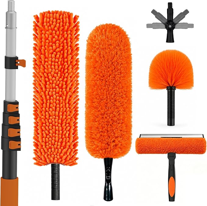 SISUPASSIE 30FT Reach High Ceiling Duster Kit, Window Cleaning kit with 5-24FT Extension Pole, Fan Duster for Ceiling Fan Blades, Microfiber Feather Duster, Rotatable Window Squeegee and Cobweb Duster