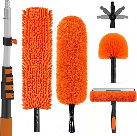 SISUPASSIE 30FT Reach High Ceiling Duster Kit, Window Cleaning kit with 5-24FT Extension Pole, Fan Duster for Ceiling Fan Blades, Microfiber Feather Duster, Rotatable Window Squeegee and Cobweb Duster