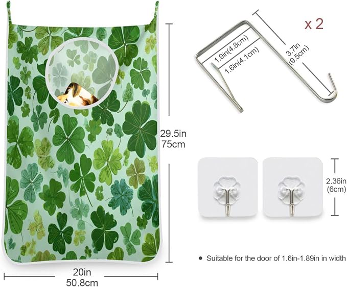 Green St Patrick Clovers Hanging Laundry Hamper Door Hampers Bag Basket with Stainless Steel Hooks Oxford Fabric Printing Decorative Clothes Bags 29.5X20inch 2Pack