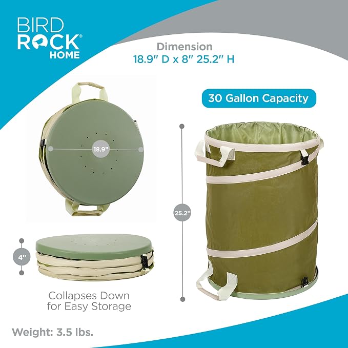 BIRDROCK HOME Collapsible Lawn and Leaf Waste Bag with Lid - 30 Gallon - Heavy Duty Reusable Camping Trash Can - Hardshell Bottom for Yard Debris, Garage Storage - Portable Garden Bin - Green | Heavy Duty Reusable Camping Trash Can with Hardshell Botto...