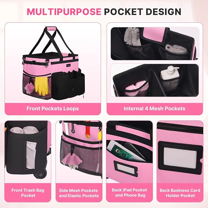 JKAOO Large Rolling Cleaning Caddy Bag with Detachable Trolley, Pink | Waterproof Cleaning Caddy with Wheels, 40L Wheeled Organizer Cart for Supplies, Housekeepers, Home, Office, Car, Picnic