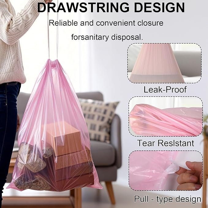 30 Gallon Drawstring Trash Bags,Extra Thick, 30 Count (Pink) | Heavy Duty Garbage Bags,Tear & Leak Resistant, for Kitchen, Office, Home, Hospital, Large Bins