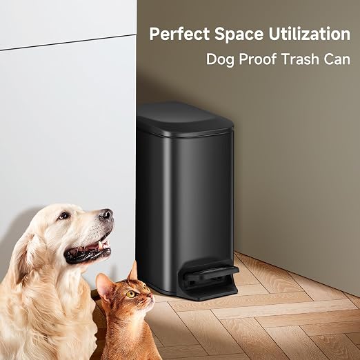 TIPGO Small Bathroom Trash Can with Lid, 1.6 Gal, Soft Close, Matte Black | Stainless Steel, 5.9'' Slim for Narrow Space, Foot Pedal, Soft Quiet Lid, Anti-fingerprint, Removable Inner Bucket, Odor Seal