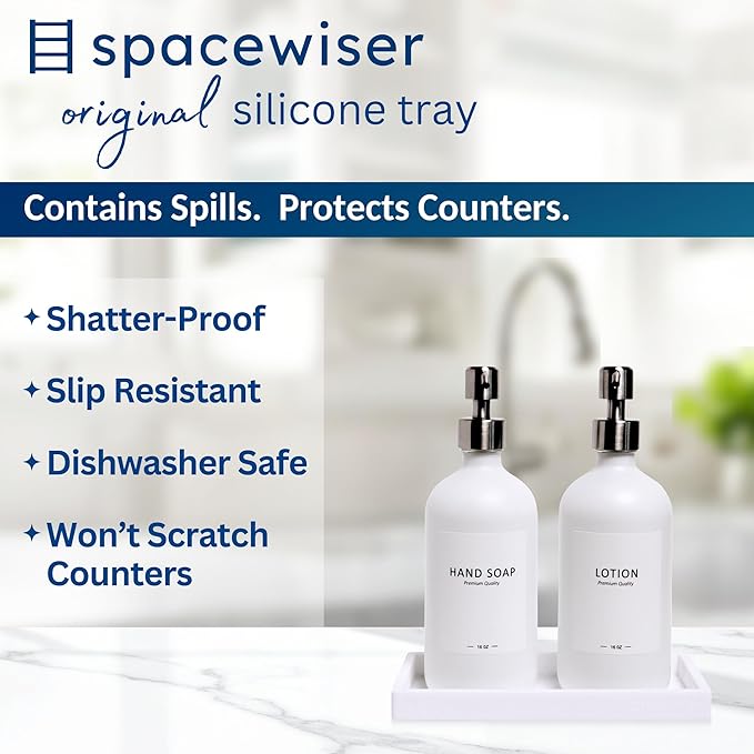 Spacewiser Countertop & Vanity Silicone Tray – 2 PC Small 7.7" Soap Tray | Kitchen Soap Tray Set, Dish Soap Tray for Kitchen Counter, Kitchen Sink Tray, Silicone Soap Dispenser Tray & Sponge Holder