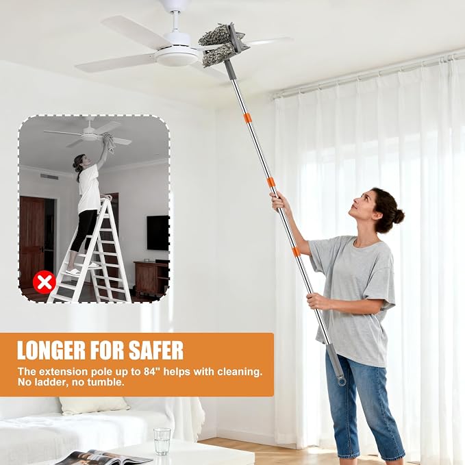CALBEAU Baseboard Cleaner Tool with Handle, Ceiling Fan Cleaner Duster | 84'' Pole; 2 Chenille + 3 Microfiber Reusable Pads; Squeegee for Streak-free; for Ceiling Fan, Baseboard, Wall, Window, Floor