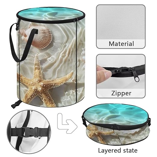 doginthehole Seaside Starfish Shells Trash Cans for Bathroom with Lid Decorative Collapsible Garbage Can Bags Waterproof Lightweight Outdoor Waste Bin for RV's Camping Picnic Beach Easy to Storage