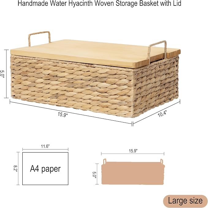 Water Hyacinth Wicker Storage Baskets with Wooden Lid (Large) | Rectangle Natural Woven Decorative Household Storage Organizer for Picnics,Countertops,Bathrooms,Kitchens,Pantries,Shelves