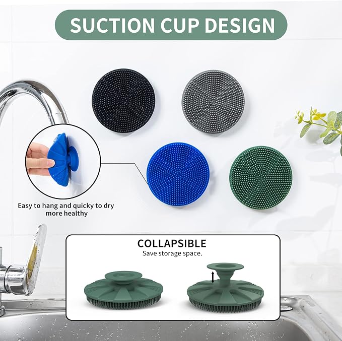 Silicone Dish Scrubber, Non-Scratch Scrub Spong for Washing Dish, Pot, Pan | Kitchen Silicone Sponge, Fruit & Vegetable Cleaning Brush, Reusable Dishwashing Scrubber, Suction Up Hang Designed, 2 Pack