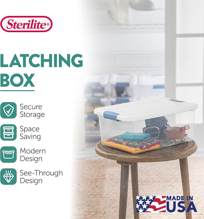 Sterilite Latching Box with Lids for Home and Office, 15 Quart, 12-Pack | Heavy-Duty and Stackable Plastic Containers with Latches for Closet, Cabinet, Bedroom, Bathroom and Dorm Room Organization