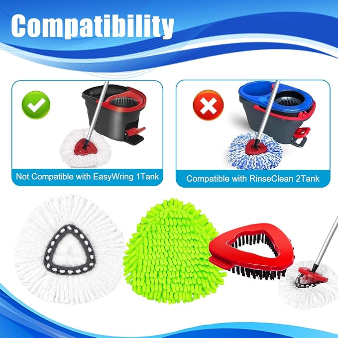 Mop Head Replacement for O Cedar Spin Mop Easywring 1 Tank System | Includes 4 Mop Replacement Heads, 2 Chenille Mop Heads, 1 Scrub Brush, 1 Base
