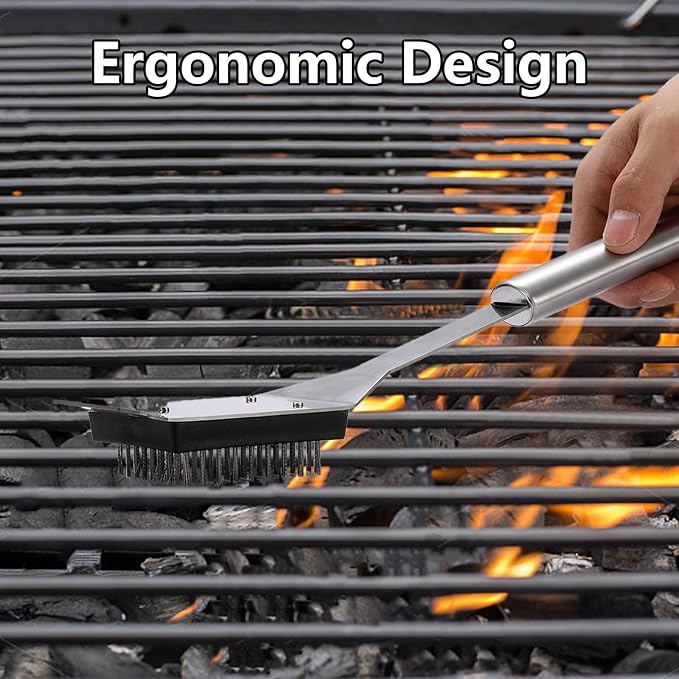 16.5” Grill Brush and Scraper with 2 Brush Replacements & 1 Screwdriver, Wire BBQ Grill Brush for Outdoor Grill, 304 Stainless Steel Cleaning Brush BBQ Grill Accessories