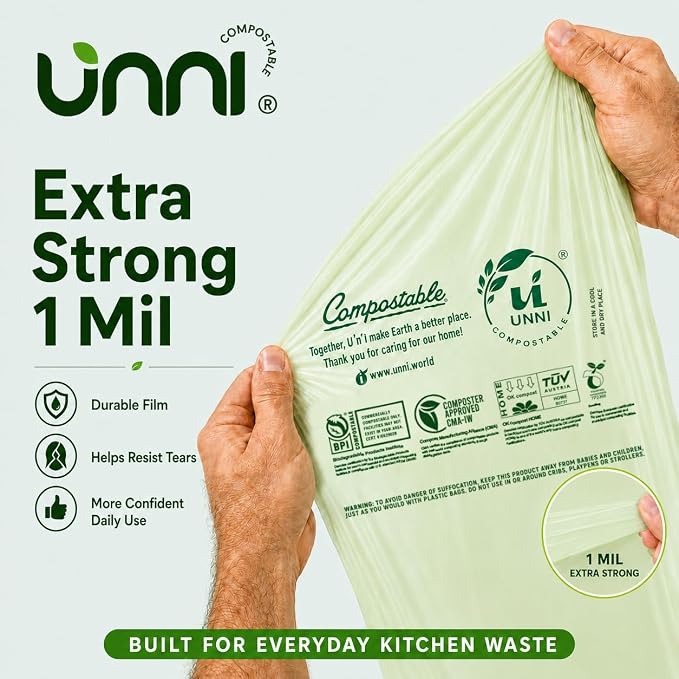 UNNI 20-23 Gallon Compostable Bags, 30 Count, 87 Liter, Extra Thick 1.0 Mil | Large Compost Bags for Commercial Kitchens & Food-Service Scrap Bins, BPI, CMA & OK compost HOME Certified, Meets ASTM D6400