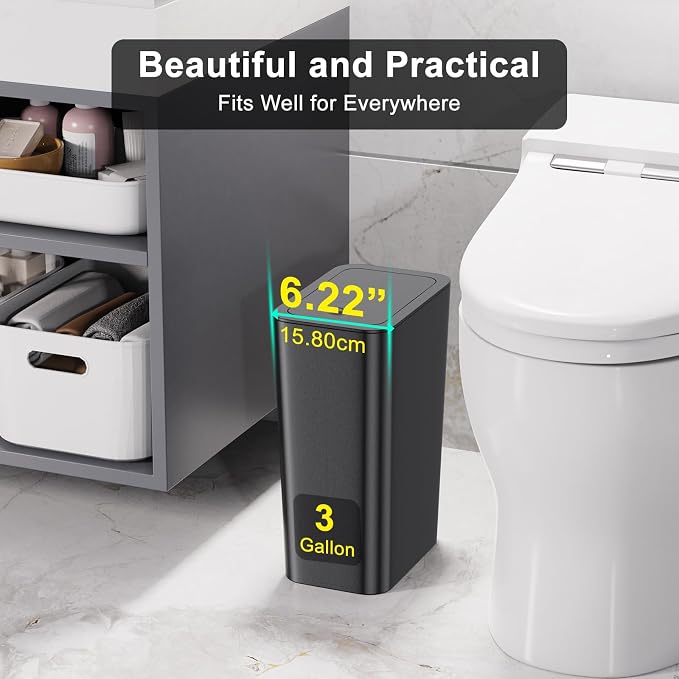 N. NETDOT 3 Pack 3 Gallon Small Trash Can with Lid, Bathroom Garbage Can with Pop-Up Lid, Waste Basket for Bathroom, Kitchen, Bedroom, Powder Room, Craft Room, Office, College (Black)