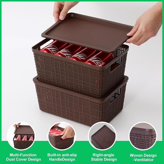 6 Pack Plastic Storage Baskets with Lid,Brown Stackable Bins | Durable Woven Plastic With handle Breathable,Save space ,For Organizing Desktops, Closets, Playrooms, Classrooms, Offices