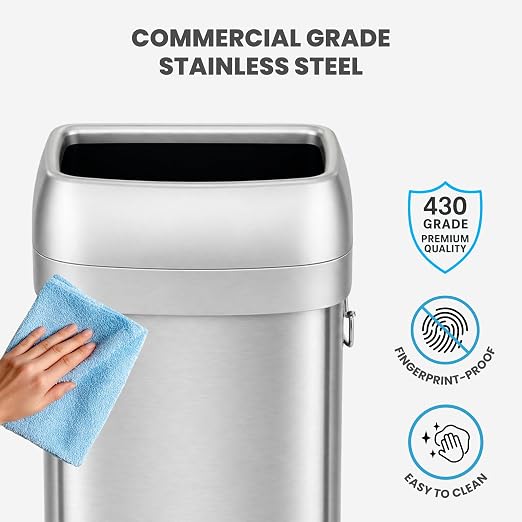 iTouchless 30 Gallon 114L Oval Open Top Stainless Steel Extra-Large Commercial Trash Can with Wheels, 2 AbsorbX Odor Filters | ADA Compliant Bin for Restaurant Restroom Hotel Office Healthcare Retail