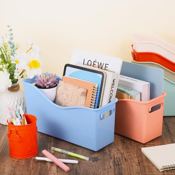 6 Pack Plastic Book Binder Holders, 6 Colors Classroom Storage Bins with Handles, Stackable Organizing Bins for Library Home Office, 13.6X5X7.1 Inch