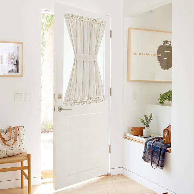 NICETOWN Sheer Door Curtains, Light Filtering Kitchen Door Coverings for Small Window, Window Coverings, Rod Pocket Sidelight Curtains with Tieback, 1 Panel, 52" W x 40" L, Ivory White