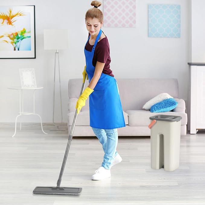 360° Microfiber Flat Mop with Hands-Free Self-Cleaning Bucket, Wash & Dry Dual Chamber System, Adjustable Handle, Includes 2 Microfiber Mop Pads, Wet & Dry Floor Cleaning - (LV-F02)