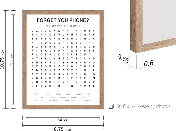 Poster Master 2-Piece Forget Your Phone Print - The Great Bathroom Word & Way Search Poster - Guest Bath Decor - Black & White Design - Powder Room Decor - Fun Restroom Sign - 8x10 Beige Framed