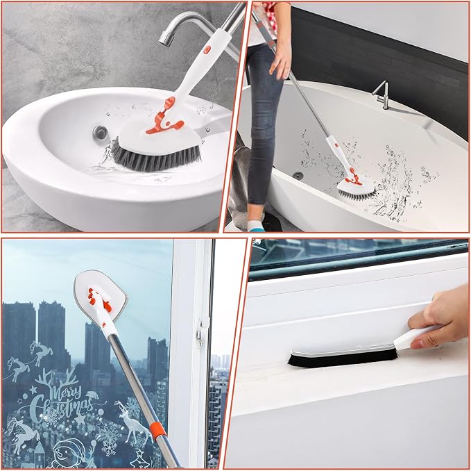 Wlich 3 in 1 Tub Tile Scrubber Brush,52 Inch Long Handle Shower Scrubbing with Locked Head, Shower Cleaning Brush for Bathroom Kitchen Toilet Wall Sink