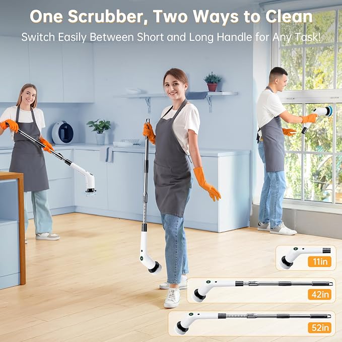 PUFTEM Electric Spin Scrubber, Cordless Shower Scrubber, Adjustable Handle | Dual Speed, 8 Replaceable Brush Heads, Adjustable Extension Handle, Battery Level Display, Bathtub, Tile & Floor Cleaning