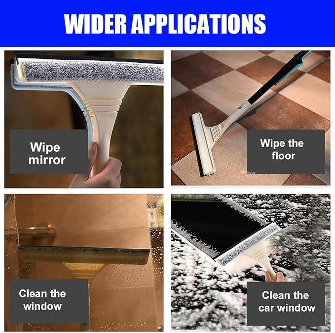 61" Window Squeegee with Long Extension Pole, 2-in-1 Streak-Free Glass Washer & Scrubber Kit with 5 Reusable Microfiber Pads & Clips, Professional Window Cleaning Tool for Home Outdoor High Windows