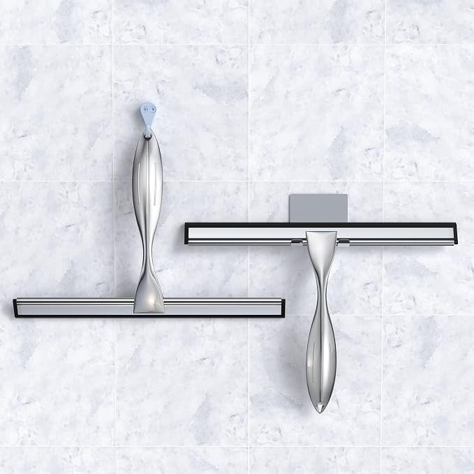 Shower Squeegee Set, 10-Inch Stainless Steel Squeegee for Bathroom, Shower Doors, Mirrors, Tiles, and Car Windows - 100% Streak Free, Includes Shower Door Hook, Adhesive Hook and Spare Silicone Blade