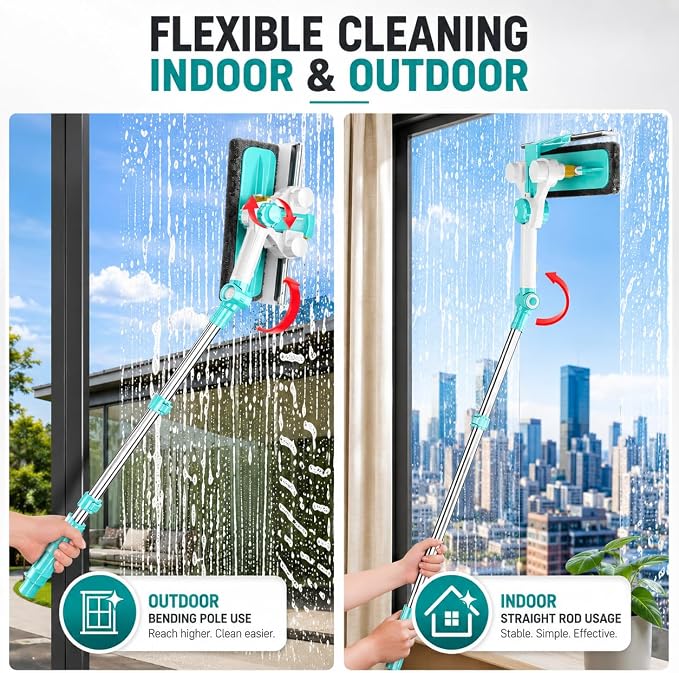 ORIXA U Shaped Window Cleaner for Outside Windows, Extendable Telescopic Pole with Rotatable Squeegee Head, Clean Exterior Glass from Inside, 2 Reusable Microfiber Cloths
