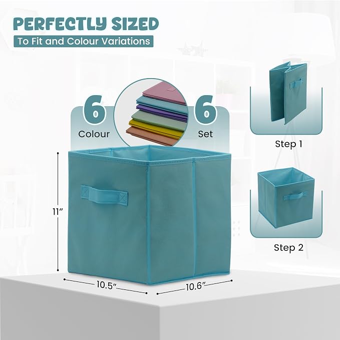 4E's Novelty 6 Pack 11 Inch Pastel Color Storage Foldable Cube Bins, Colorful Boho Storage Baskets For Nursery, Kids Room, Fabric Baskets For Toys, Clothes, Classroom Organization and Storage
