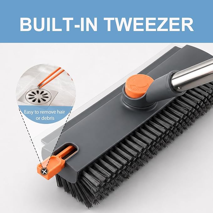 Floor Scrub Brush with Long Handle, 3 in 1 Floor Scrubber, Heavy Duty Stiff Bristle Squeegee Broom for Cleaning Shower Bathroom, Tile, Patio, Pool, Garage, Kitchen and Deck, Grey