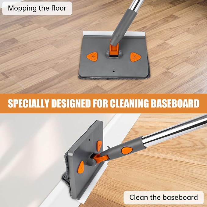 CALBEAU Baseboard Cleaner Tool with Handle, Ceiling Fan Cleaner Duster | 84'' Pole; 2 Chenille + 3 Microfiber Reusable Pads; Squeegee for Streak-free; for Ceiling Fan, Baseboard, Wall, Window, Floor